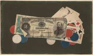 A trompe-l'œil painting of a poker hand, $2 and $5 bills, and gaming chips, symbolizing risk, strategy, and profit in both gambling and financial planning.